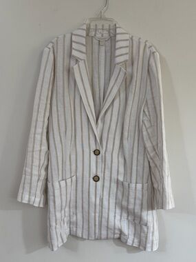Garnet Hill Women’s Small 100% Linen Striped Blazer Tan White Lightweight